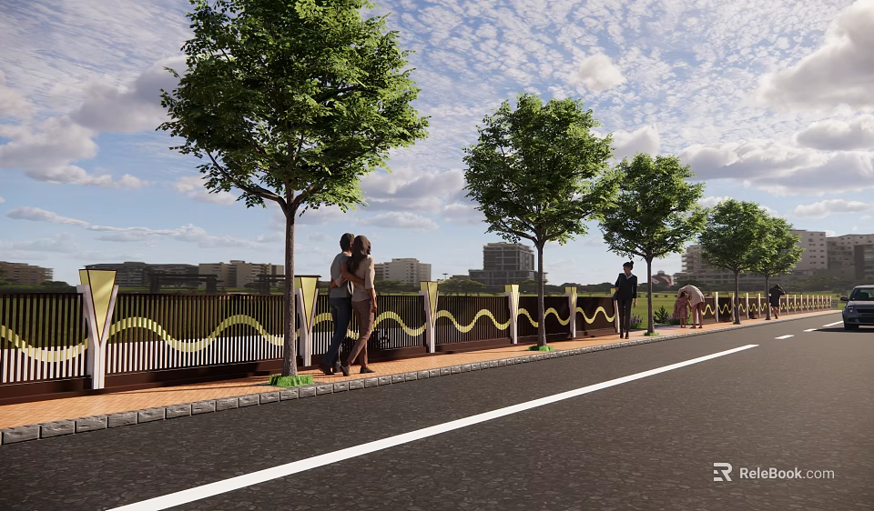 Modern Building Facade In Urban City With Trees Pedestrians Path And Railings 3d model 