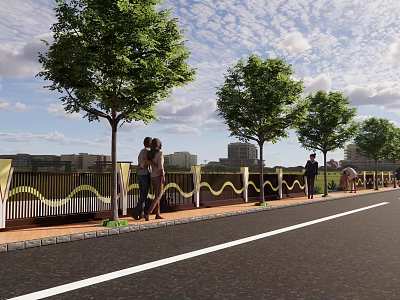 Modern Building Facade In Urban City With Trees Pedestrians Path And Railings 3d model
