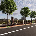 Modern Building Facade In Urban City With Trees Pedestrians Path And Railings