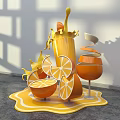 Interactive Zone With Vibrant Oranges Sliced Fruit And Juice Splash Design 3d model