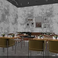 Cozy Dessert Shop Interior With Textured Walls Wooden Tables Gray Chairs And Decorative Paintings