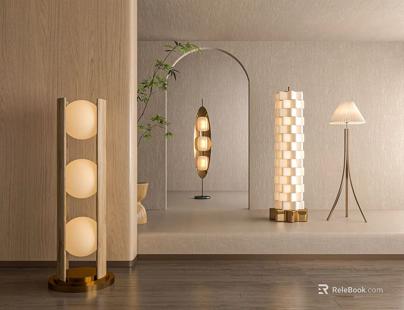 Modern Floor Lamps With Spherical And Geometric Shades Brass Bases In Elegant Interior 3d model 