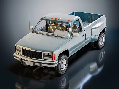 Light Blue Pickup Truck With Red Roof Lights And Striped Seats On Reflective Surface 3d model