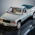 Light Blue Pickup Truck With Red Roof Lights And Striped Seats On Reflective Surface