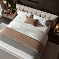 Modern Double Bed Interior Featuring Light Headboard Side Tables Lamps Dark Wall White Curtains And City View
