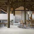 Elegant Clothing Store Interior Design With Wooden Beams Open Space Sofa And Pendant Lights