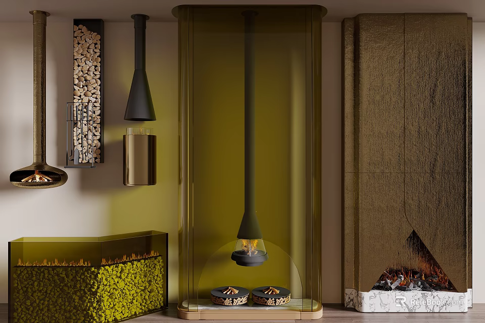 Modern Fireplace Interior Design With Transparent Glass Black Metal And Gold Accents 3d model 