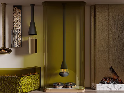 Modern Fireplace Interior Design With Transparent Glass Black Metal And Gold Accents 3d model