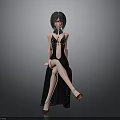 Woman With Short Black Hair In Black Dress And Fishnet Stockings Red High Heels