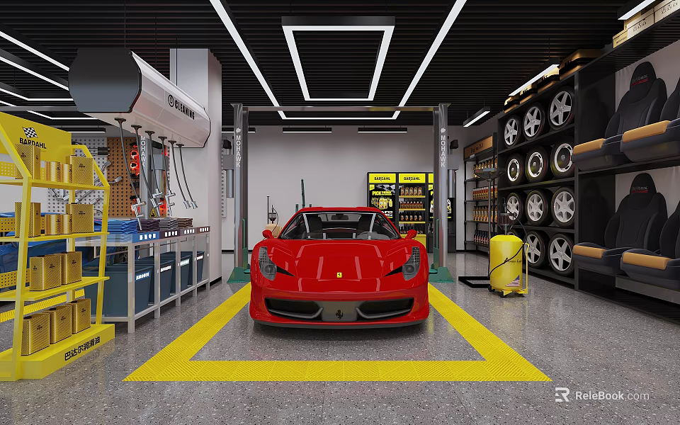 Red Sports Car In Auto Repair Shop With Tire Racks Tool Cabinets And Equipment 3d model 