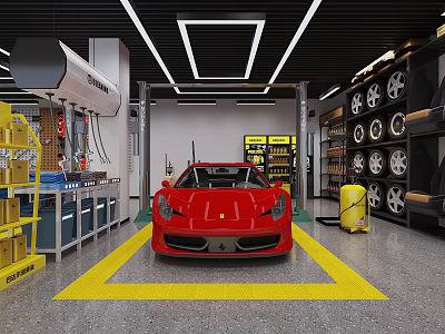 Red Sports Car In Auto Repair Shop With Tire Racks Tool Cabinets And Equipment 3d model