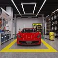 Red Sports Car In Auto Repair Shop With Tire Racks Tool Cabinets And Equipment