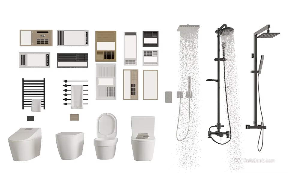 Modern Bathroom Set With White Toilet Rainfall Shower And Storage Cabinets 3d model 