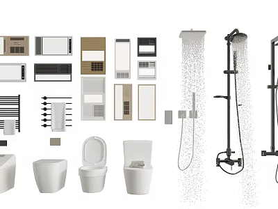 Modern Bathroom Set With White Toilet Rainfall Shower And Storage Cabinets 3d model
