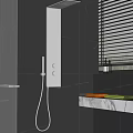 Modern Bathroom Shower System With Gray Tile Walls Handheld Sprayer And Marble Countertop Window Blinds