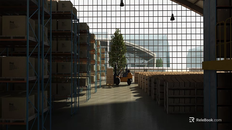 Bright Warehouse Interior With Shelves Forklift Tree Large Windows And Distant Buildings 3d model 