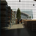 Bright Warehouse Interior With Shelves Forklift Tree Large Windows And Distant Buildings 3d model