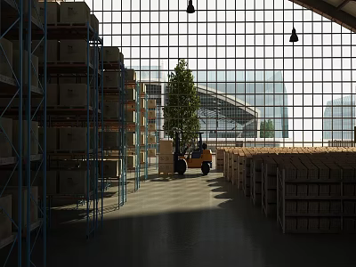 Bright Warehouse Interior With Shelves Forklift Tree Large Windows And Distant Buildings 3d model