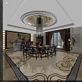 Chinese Style Private Dining Room With Round Table Chandelier And Decorative Carpet