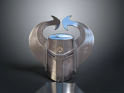 Futuristic Metallic Weapon Helmet With Winged Design Textured Surface And Central Emblem 3d model