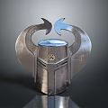 Futuristic Metallic Weapon Helmet With Winged Design Textured Surface And Central Emblem