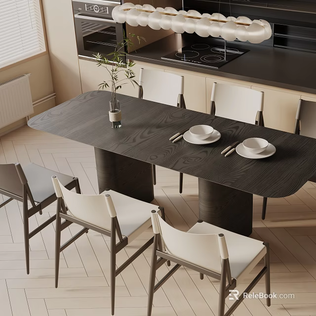 Modern Dark Wooden Dining Table Set With White Chairs And Plates On Top 3d model 