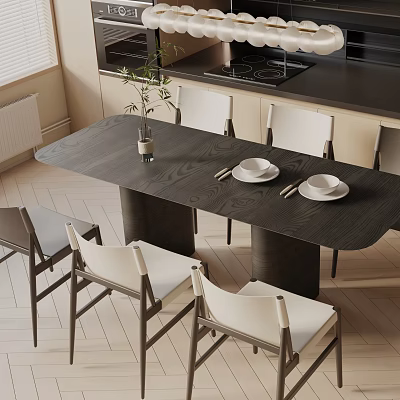 Modern Dark Wooden Dining Table Set With White Chairs And Plates On Top 3d model