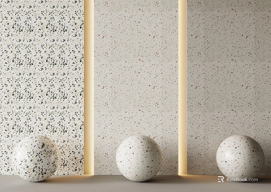 White Speckled Spheres On Light Colored Surface With Yellow Strip Lights And Speckled Wall 3d model 