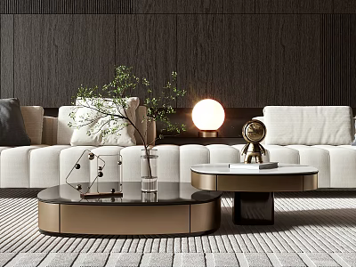 Stylish Coffee Table in Modern Living Room with White Sofa Spherical Lamp and Green Plant 3d model