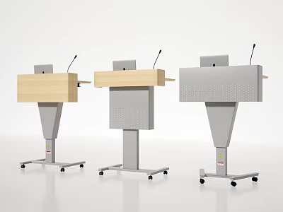 Modern Podiums With Wooden And Metal Design Featuring Perforated Panels And Mobile Wheels 3d model