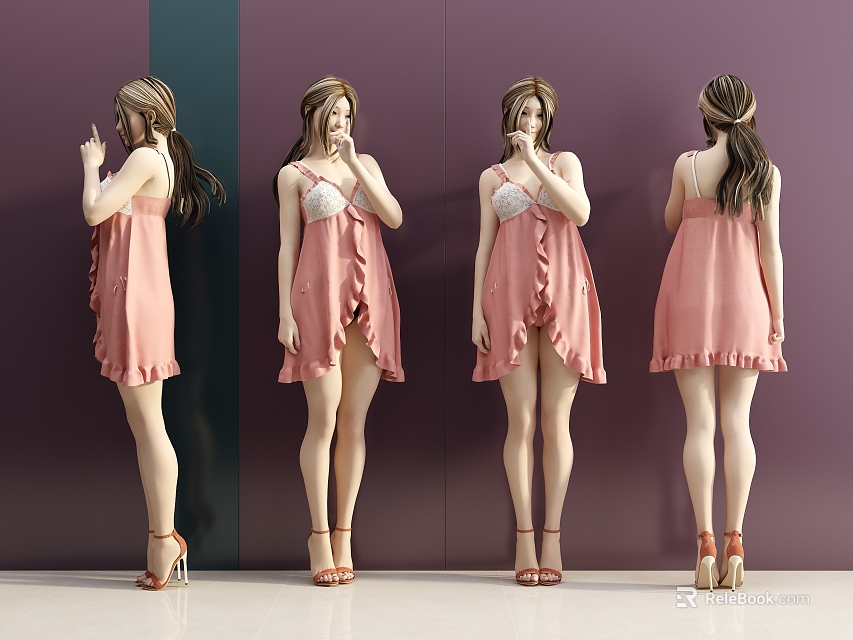 Women in Stylish Pink Dresses Posing Against Purple And Dark Green Walls With High Heels 3d model 