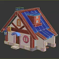 Small Cartoon House Model With Red And Blue Roof Round Window And Wooden Door Porch