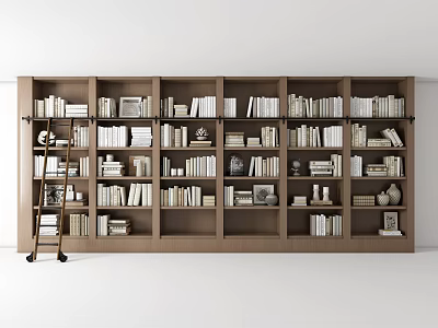 Minimalist Study Room Interior With Large Wooden Bookshelves Filled With Books And Decorative Items 3d model