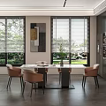 Modern Open Concept Restaurant Interior With Dining Table Chairs And Kitchen Area