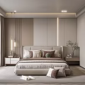Modern Bedroom Interior With Large Bed Pillows Nightstands Hanging Lights And Potted Plant