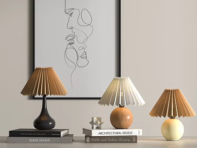 Modern Table Lamps With Pleated Shades And Varied Bases Near Abstract Line Art And Books 3d model