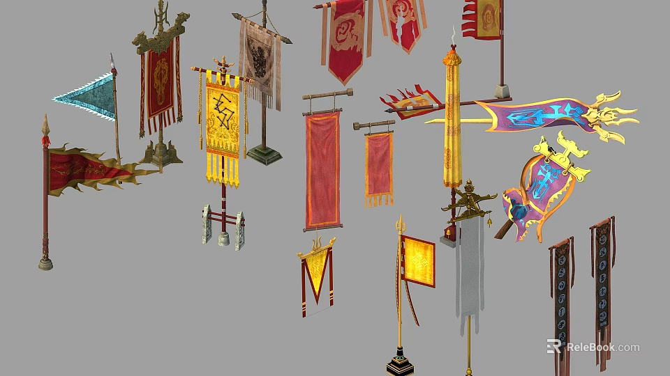 Traditional Decorative Flags in Various Colors with Ornate Designs and Emblems 3d model 