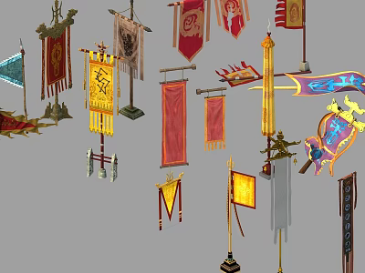 Traditional Decorative Flags in Various Colors with Ornate Designs and Emblems 3d model