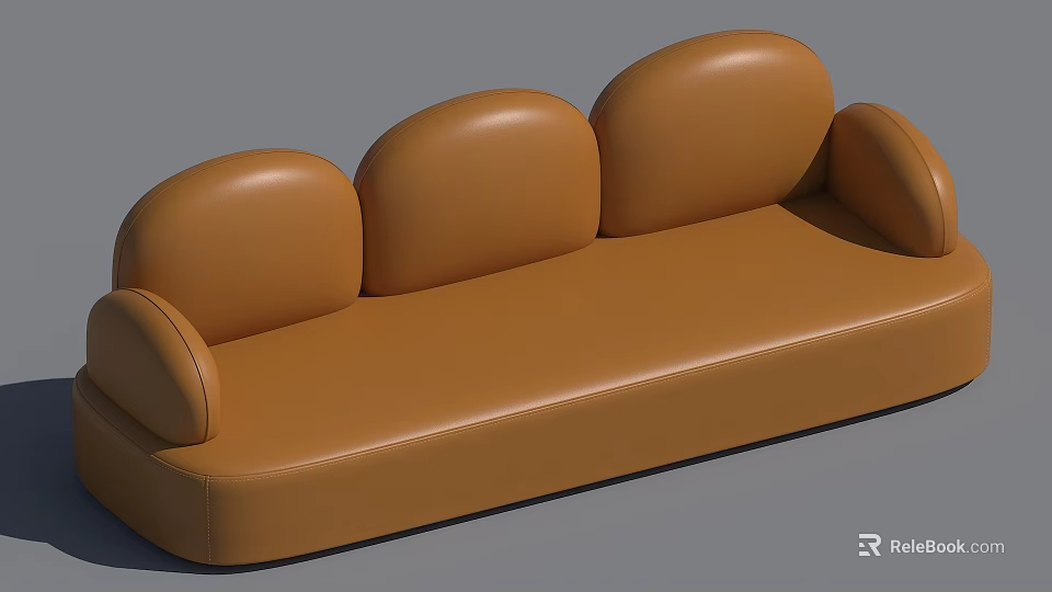 Brown Leather Sofa With Three Round Cushions And Modern Minimalist Design 3d model