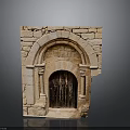Ancient Architecture Featuring Stone Archway With Decorative Columns And Wooden Door