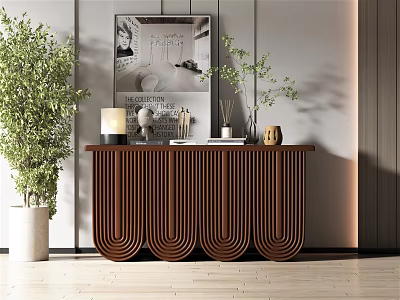 Stylish Interior Design With Brown Entryway Side Cabinet Curved Panels Green Plant And Decorative Items 3d model