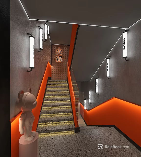 Stylish Staircase With Orange Side Gray Steps LED Strip Lights And White Wall Lamps 3d model 