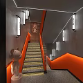 Stylish Staircase With Orange Side Gray Steps LED Strip Lights And White Wall Lamps