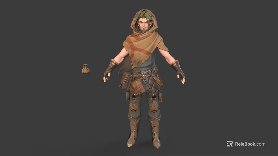 Green Haired Hooded Character Wearing Brown Cloak Leather Armor With Waist Gear And Small Pouch 3d model 
