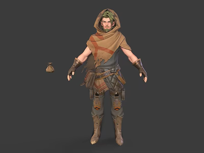 Green Haired Hooded Character Wearing Brown Cloak Leather Armor With Waist Gear And Small Pouch 3d model