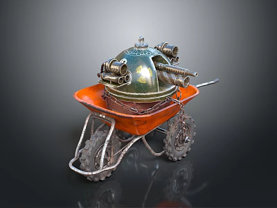 Vintage Orange Wheelbarrow With Metal Mechanical Structure On Gray Background 3d model