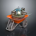 Vintage Orange Wheelbarrow With Metal Mechanical Structure On Gray Background