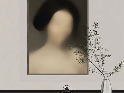 Interior Decor Featuring Blurred Female Portrait On Wall White Vase With Green Branches 3d model