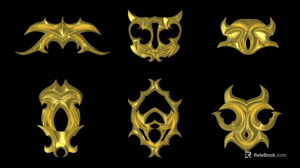 Golden Sculpture Carvings With Intricate Patterns Six Unique Designs On Black Background 3d model 