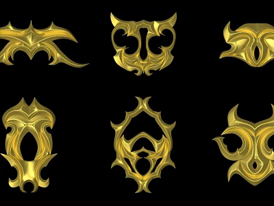 Golden Sculpture Carvings With Intricate Patterns Six Unique Designs On Black Background 3d model